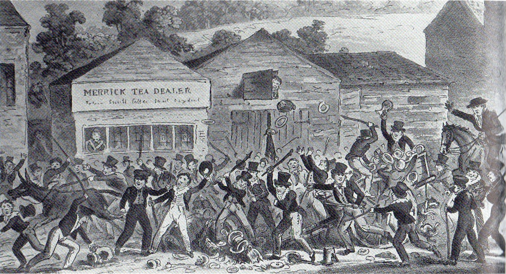 Harrovians loot the premises of a disfavoured tradesman. Hog Lane by George Cruikshank 1826