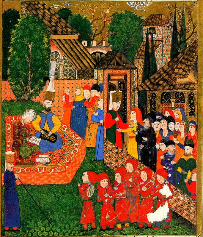 7 8Registration of boys for the devirme Ottoman miniature painting from the Sleymanname 1558